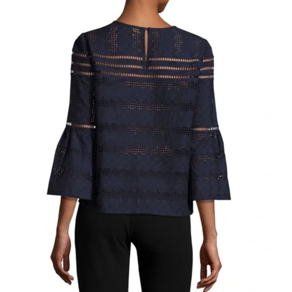 ba&sh Blouse Size Small Navy Blue Bell 3/4 Sleeve Women's Gianna Lace Eyelet - Picture 2 of 8